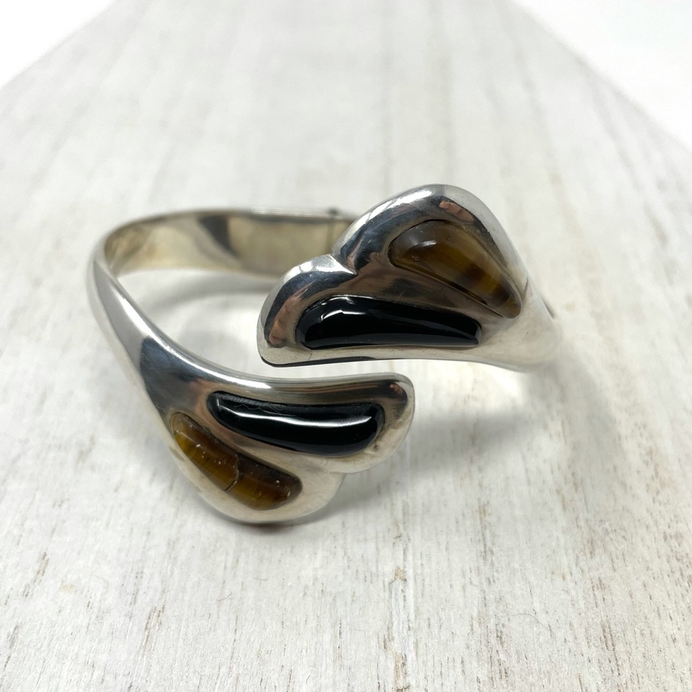 TAXCO Sterling silver, Onyx, Tiger’s Eye hinged cuff bracelet - Picture 4 of 12